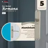 A marketing image showcasing a silver door handle set with text highlighting its features and warranty. Produktbild-Vorschau