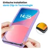 Hands holding a smartphone with a purple case, showcasing the clip-in technology. Produktbild-Vorschau