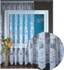 A white lace curtain with a floral pattern is shown hanging in a window. A close-up inset shows a detailed view of the lace pattern. Produktbild-Vorschau