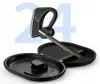 A black Bluetooth headset and its charging case are displayed against a white background with large, translucent blue numbers '24' in the background. Produktbild-Vorschau