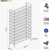 A 3D rendered image of a tall, multi-tiered metal shelving unit, likely for wine bottles, with dimensions and feature callouts. Podgląd zdjęcia produktu