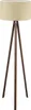 A floor lamp with a beige shade and a wooden tripod base. Voir les images du produit