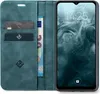 A teal flip-case wallet for a smartphone is shown open, revealing card slots and a banknote, with the smartphone screen displayed. Produktbild-Vorschau
