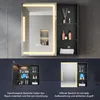 A collage showing a bathroom mirror cabinet from different angles and with its doors open and closed, highlighting storage and lighting features. Produktbild-Vorschau