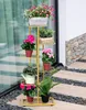 A multi-tiered gold plant stand filled with various potted plants is displayed outdoors on a stone patio next to a building with large windows. Náhľad obrázku produktu