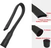 A black flexible crevice tool for a vacuum cleaner is shown with close-up views of its dimensions and an adapter. Voir les images du produit