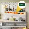 A bed with a headboard featuring integrated lighting and charging ports, with decorative items on the shelf. Anteprima dell’immagine prodotto