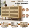 A collage showing a wooden dresser with rattan drawer fronts, accompanied by smaller images of a bedroom, living room, and dining room, and icons representing storage categories. Anteprima dell’immagine prodotto