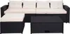 A black poly-rattan sofa set with cream cushions and a coffee table, displayed on a white background. Anteprima dell’immagine prodotto