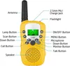 A yellow walkie-talkie with labels pointing to its various features and buttons. Produktbild-Vorschau