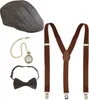 A collection of vintage-style accessories, including a flat cap, pocket watch with chain, bow tie, and suspenders, laid out against a white background. Produktbild-Vorschau