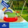 A split image showing a children's swing set in an outdoor setting on one side and an indoor setting with a rainbow mural on the other. A red swing is prominently featured. Produktbild-Vorschau