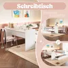 A bedroom scene featuring a white bed with integrated desk and shelves, with two different configurations shown. Produktbild-Vorschau