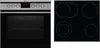 A split image showing the front of an oven and a ceramic hob. Produktbild-Vorschau