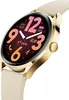 A close-up, angled view of a gold and beige smartwatch with a colorful digital display. Voir les images du produit