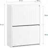 A white shoe cabinet with two flip-down doors, showing dimensions. Podgląd zdjęcia produktu