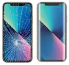 A side-by-side comparison of a cracked phone screen and a new phone screen. Produktbild-Vorschau