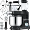 A black stand mixer with various attachments laid out around it on a white background. Produktbild-Vorschau