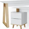 A close-up view of a modern white desk with wooden accents and drawers. Voir les images du produit