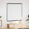 A white projection screen is hanging on a white wall above a wooden media console with a small plant and a speaker on it. Náhled obrázku produktu