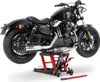 A black motorcycle is elevated on a red hydraulic lift. Produktbild-Vorschau