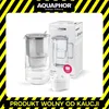 A product shot of an Aquaphor water filter pitcher and its packaging, set against a white background with yellow and black hazard stripes at the top and bottom. Produktbild-Vorschau