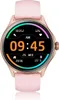 A close-up front view of a rose gold smartwatch with a pink band, displaying the time and various health metrics on its screen. Podgląd zdjęcia produktu