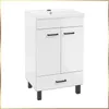 A white bathroom vanity with a sink and black handles, standing on black legs. Voir les images du produit