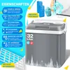 A marketing image for a 32-liter portable cooler/warmer box, showcasing its features and accessories. Produktbild-Vorschau