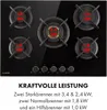 A top-down view of a black gas cooktop with five burners, each labeled with its power output in kW. The text below describes the burner specifications. Produktbild-Vorschau