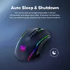 A gaming mouse with RGB lighting is shown with text describing its auto sleep and shutdown features. Produktbild-Vorschau