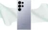 A transparent phone case is shown against a white and light green background. Produktbild-Vorschau