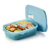 A blue Tupperware lunchbox with food inside, with the lid open. Produktbild-Vorschau