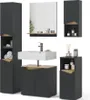 A collection of modern bathroom furniture pieces, including tall cabinets, a vanity with a sink and faucet, and a wall-mounted cabinet with a mirror. Náhled obrázku produktu