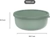 A green bowl with a lid, shown with dimensions and capacity. Produktbild-Vorschau