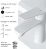A white bathroom faucet with options for color and size displayed next to it. Produktbild-Vorschau