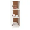 A white tall narrow cabinet with open doors, showing three shelves with kitchen items. Anteprima dell’immagine prodotto
