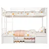 A white metal bunk bed with bedding and a shoe rack underneath. Anteprima dell’immagine prodotto