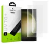 A product shot of a phone screen protector packaging and two screen protectors, with a smartphone in the background. Podgląd zdjęcia produktu
