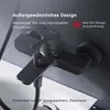 A close-up shot of a black bathroom faucet with text overlays highlighting its design and awards. Produktbild-Vorschau