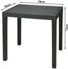 A dark gray square table with dimensions indicated by text overlays. Produktbild-Vorschau