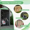 Collage of images showing various uses of a storage solution, including vehicle storage, firewood storage, lawnmower storage, and garden tool storage. Produktbild-Vorschau