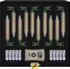 A set of battery-operated LED candles with clips, batteries, and a remote control, neatly arranged in a black foam-lined box. Produktbild-Vorschau