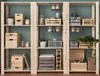A multi-shelf wooden shelving unit filled with various storage containers, jars, bottles, and plants. Náhľad obrázku produktu