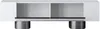 A product shot of a white TV stand with silver legs, shown from the front. Voir les images du produit