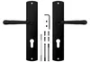 A set of black door handles and associated hardware are laid out on a white background. Produktbild-Vorschau