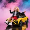 A young girl is sitting on a yellow toy car with colorful smoke in the background. Produktbild-Vorschau