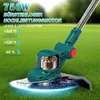 A close-up view of a grass trimmer with a cutaway showing the motor, set against a blurred green background of grass. Produktbild-Vorschau