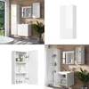 A collage of images showing a white high-gloss bathroom cabinet in different settings and views. Produktbild-Vorschau