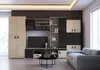 A modern living room with a large modular entertainment unit and a sofa. Náhľad obrázku produktu